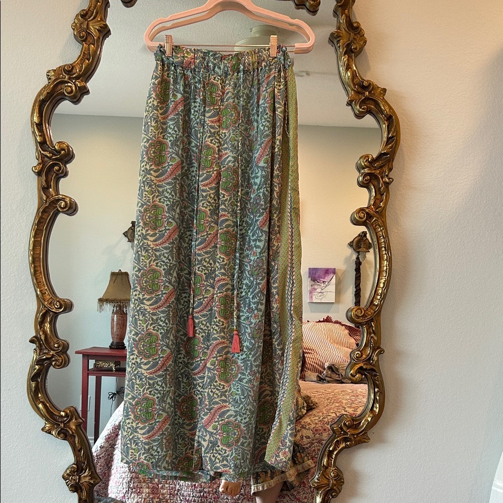 Boho Paisley Harem Pant with Drawstring Waist - Green Multi
